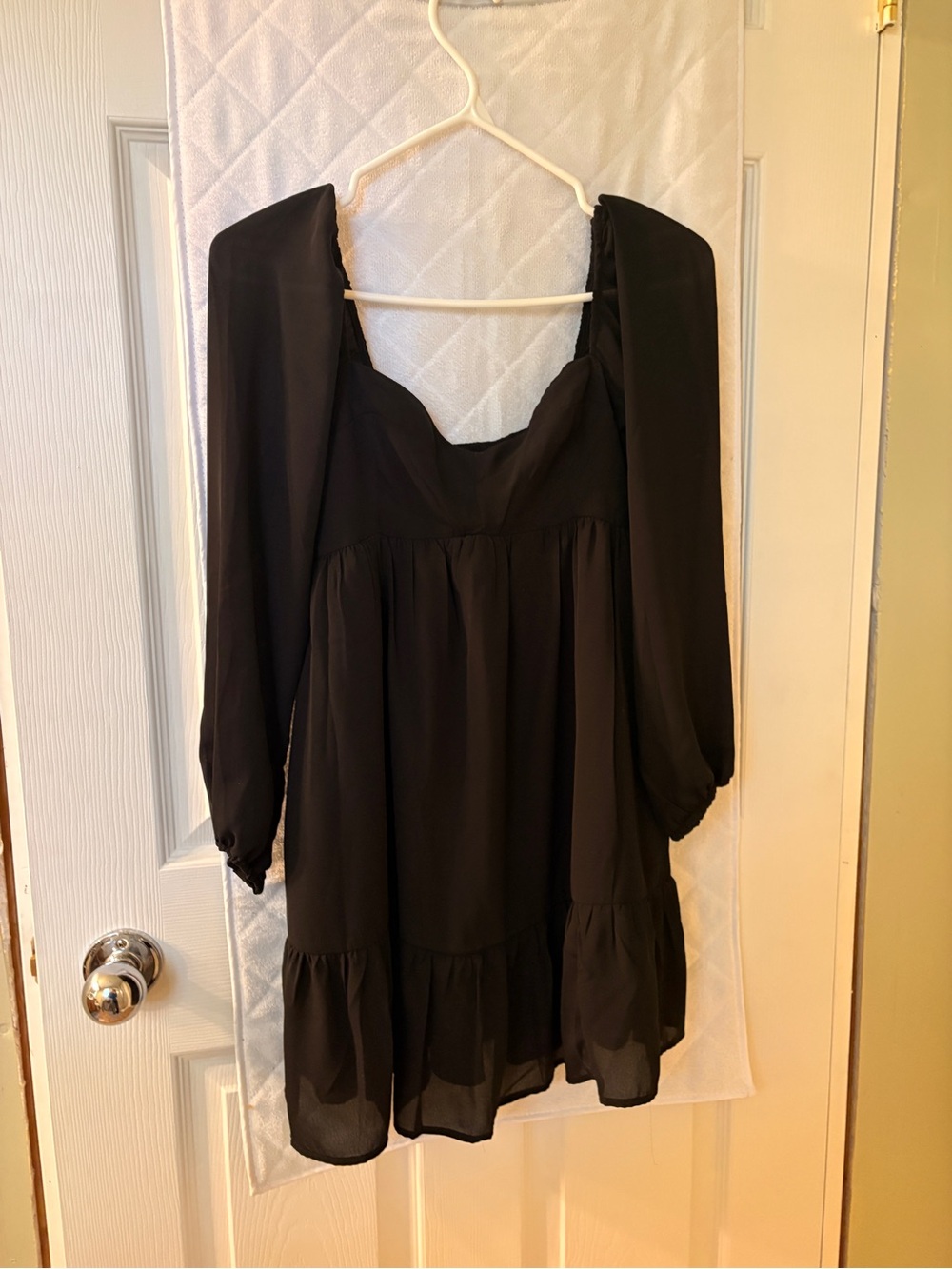 Black Women’s Square-Neck Mini Dress with Long Puff Sleeves